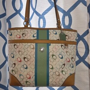 Coach Chelsea Heritage Stripe Multicolor Tote & Tan Leather Y2K